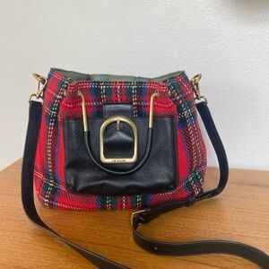 J.W. HULME CO. Red Plaid Crossbody Bag with Black Leather and brass handles